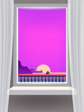 Pencere içi, minimal tropikal manzara, gün batımı, bulut, deniz, okyanus, yelkenli vektör çizimi izole edilmiş şablon