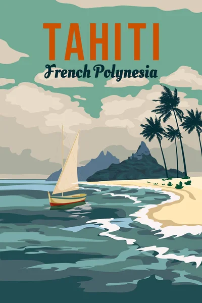 Французькі Острови Полінезії Tahiti Travel Poster Resort Rail Resort Пальми — стоковий вектор
