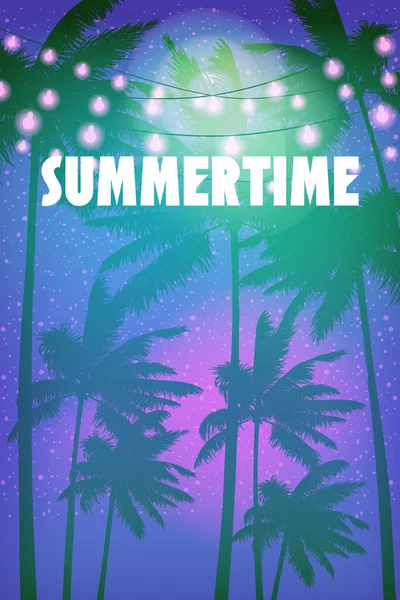 Summertime Sunset Beach Template Design Palms Poster Flyer Vector Cartão — Vetor de Stock