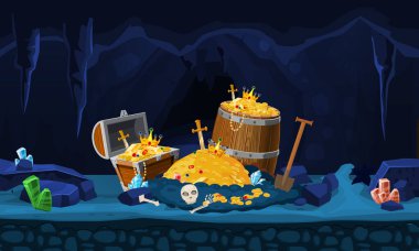 Fantezi Hazine Mağarası 'nda altın paralar, tahta sandık, varil, kristaller, mücevher, para kılıcı ve kafatası. Karikatür korsan hazine vektör geçmişi. Çizgi film stili, eski antika Grot.