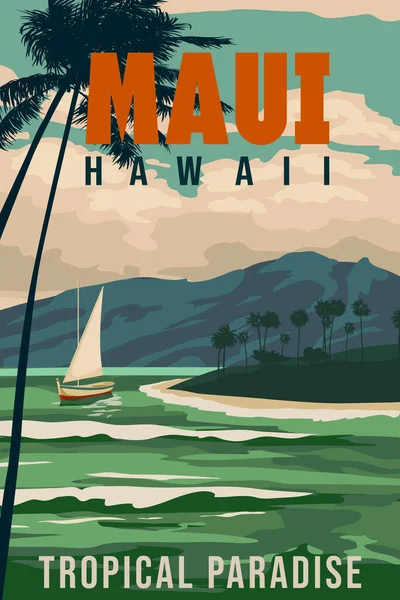 Maui Hawaii Vintage Reseaffisch Tropisk Strand Palmer Segelbåt Surfing Havsutsikt — Stock vektor