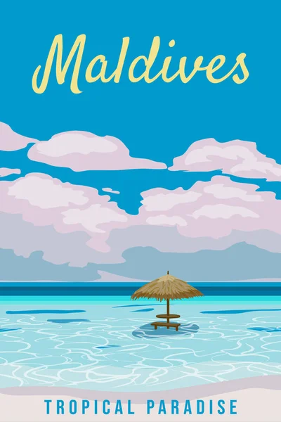 Maldivler Seyahat Posterleri Tropikal Tatil Beldeleri Plaj Sahili Şemsiyesi Saman — Stok Vektör