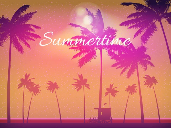 Summertime Sunset Beach Template Design Palms Banner Flyer Vector Cartão — Vetor de Stock