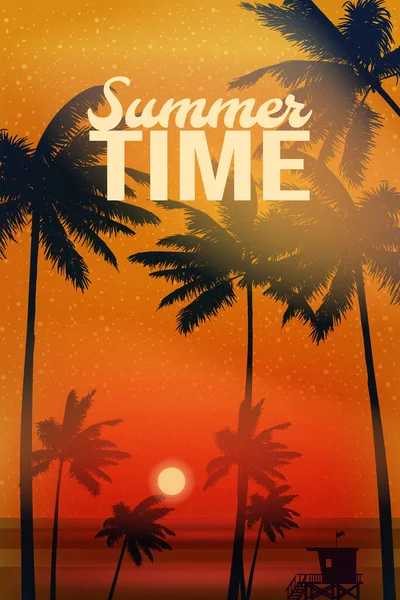 Summertime Sunset Beach Template Design Palms Poster Flyer Vector Background — Stock Vector