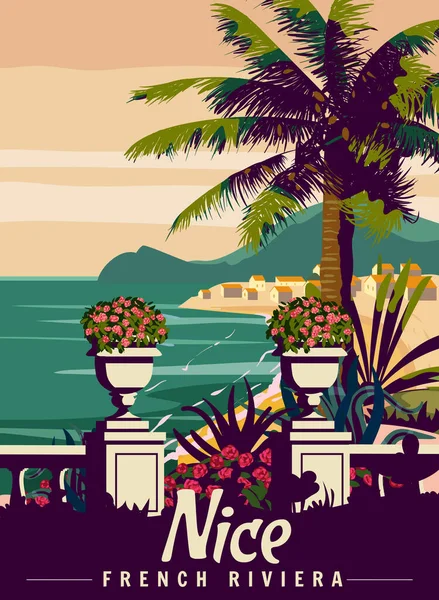 Cartaz Retrô Riviera Francesa Vista Panorâmica Costa Tropical Palma Mar —  Vetores de Stock
