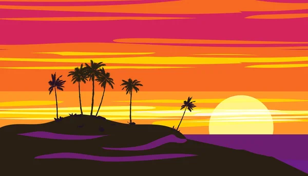 Тропічний Захід Сонця Літній Пляжний Пейзаж Екзотична Сцена Силует Долонь — стоковий вектор