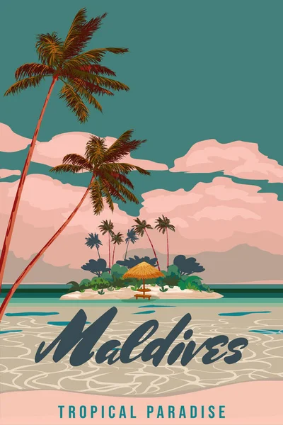 Maldiverna Resa Affisch Tropisk Resort Vintage Strand Kust Strand Paraply — Stock vektor