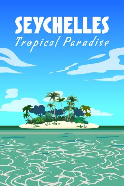 Seyşeller 'in klasik seyahat posteri. Sahili beyaz kum, okyanusu ve kıyısı olan Cennet Adası tatil köyü. Retro biçimi illüstrasyon vektörü kartpostalı
