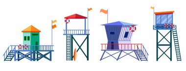 Set of Lifeguard Tower icons. Station beach building illustration style isolated