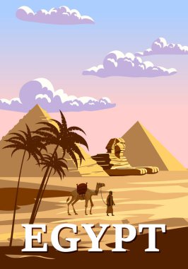 Antik Sfenks, Mısır Firavun Piramitleri Vintage Posteri. Mısır Ülkesi 'ne, Sahra Çölü' ne, Mısır 'lı deve gezisi. Retro kart resimleme vektörü izole edildi