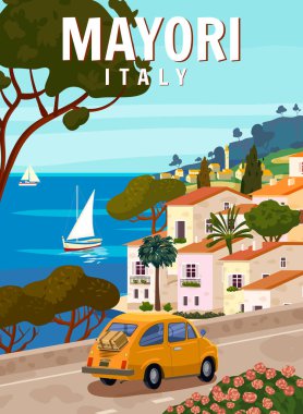 Retro Poster İtalya, Mayori tatil köyü, Amalfi sahili. Yol arabası, Akdeniz romantik manzarası, dağlar, sahil kasabası, yelkenli, deniz. Retro seyahat posteri, kartpostal vektör çizimi izole edildi