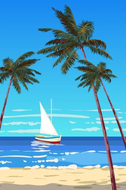 Tropik ada seachore, yelkenli, palmiyeler, deniz, okyanus. Yaz tatili poster seyahati. Vektör illüstrasyon retro çizgi film biçimi izole edildi