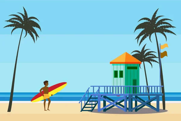 Lifeguard Tower Beach Palms Surfer Coast Ocean Sea Summer Tropical — Stockvektor