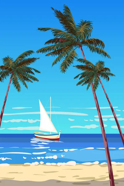 Tropischer Inselstrand Segelboot Palmen Meer Ozean Sommerurlaub Plakatreisen Vektor Illustration — Stockvektor