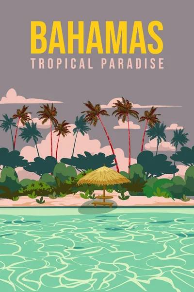 Cartel Viaje Bahamas Vintage Paraíso Complejo Con Playa Costa Paraguas — Archivo Imágenes Vectoriales