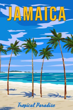 Travel poster Jamaica vintage. Paradise resort, coast beach,, ocean, coast. Retro style illustration vector postcard clipart