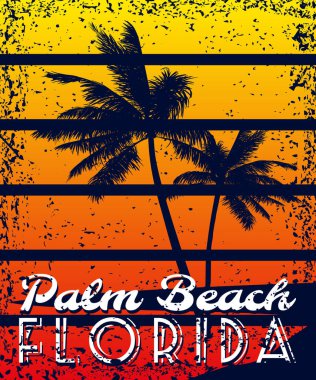 Florida Palm Beach Günbatımı tişört tasarımı. Poster grunge palmiye ağacı siluetleri, tipografi. Vektör illüstrasyonu