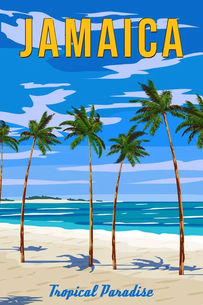 Jamaika Yapımı Seyahat Posteri Cennet Tatil Köyü Sahil Plajı Okyanus — Stok Vektör