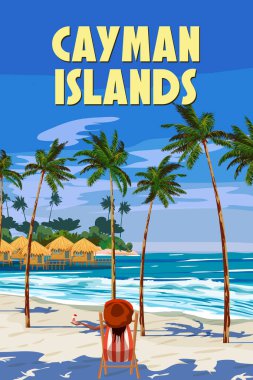 Caiman Adaları klasik seyahat posteri. Tropik adalar, plaj, şezlongdaki kadın kokteyl camlı, palmiyeli, sörf yapan, kıyı manzaralı. Vektör illüstrasyon arkaplanı, kart retro biçimi