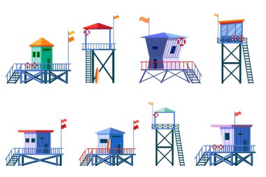 Set of Lifeguard Tower icons. Station beach building illustration style isolated