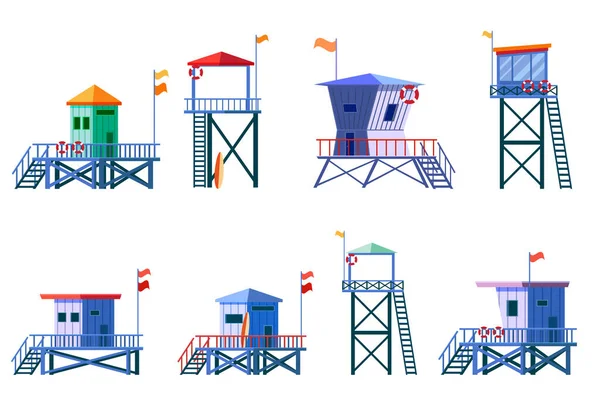 Set Lifeguard Tower Icons Station Beach Building Illustration Style Isolated — Archivo Imágenes Vectoriales