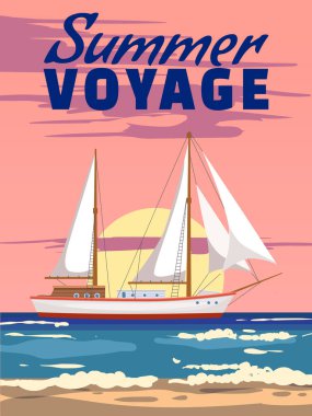 Yelkenli gemi Summer Voyage poster retro, yelkenli gemi okyanus, deniz. Tropik gezi, yaz tatili. Vektör illüstrasyon vintage biçimi