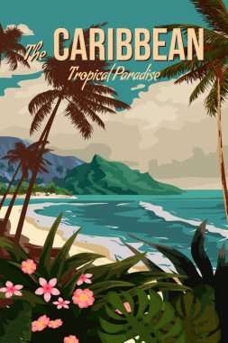 Travel poster Karayip tropikal tatil beldesi. Sahil, palmiyeler, okyanus, sahil. Paradise Resort, retro style illüstrasyon vektör kartpostalı