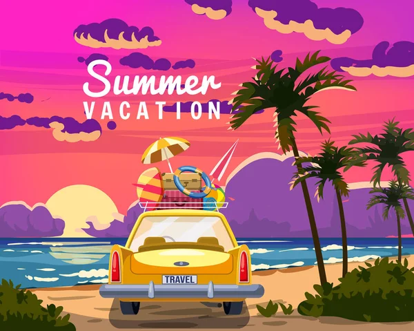 夏には 休暇旅行荷物袋と黄色の車は ビーチでサーフボード 熱帯海岸の夕日 バックビュー ベクトルイラスト レトロ漫画風孤立 — ストックベクタ