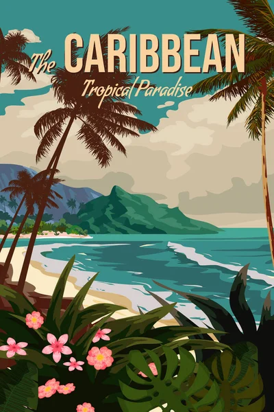 Cestovní Plakát Karibské Tropické Letovisko Vintage Pobřeží Pláže Palmy Oceán — Stockový vektor