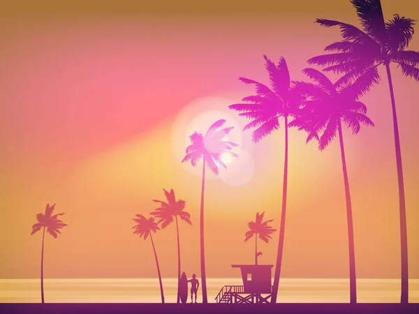 Sunset Beach Kilátás Trópusi Táj Sablon Design Palms Banner Szórólap — Stock Vector