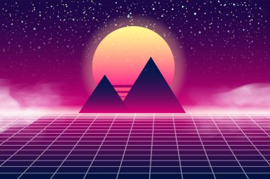 Sentetik retro pankart buhar dalgası estetik arka planı. Piramitler ızgarası 3d, günbatımı 80 s retrowave