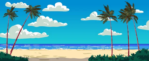 Вид Океан Песчаном Пляже Пальмы Берег Моря Шлюпки Экзотический Пейзаж — стоковый вектор