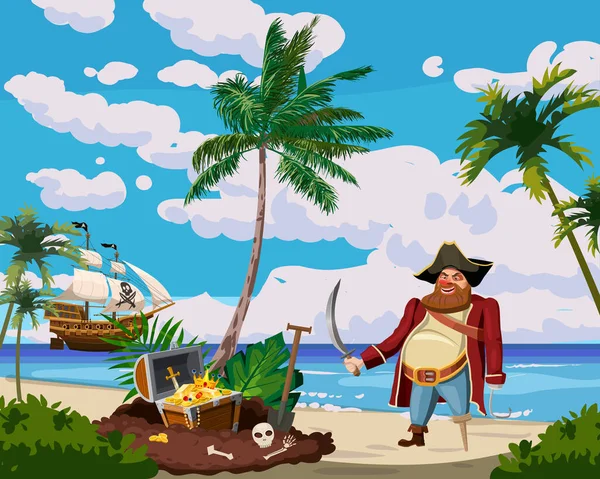 Tropical Treasure Island Peito Pirata Cheio Moedas Ouro Pedras Preciosas — Vetor de Stock