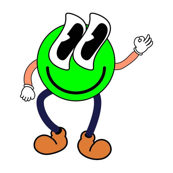 Groovy Cartoon Personnage Drôle Sourire Bande Dessinée Vintage Autocollant Vert — Image vectorielle