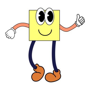 Çizgi film, çizgi film, komik, gülümseyen karakter, klasik. Komik, parlak, geometrik şekil, sarı etiket, modaya uygun retro vektör illüstrasyonu