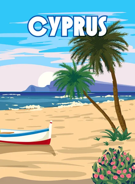 Cyprus Poster Travel Greek Seascape Beach Palms Boat Poster Mediterranean — Vettoriale Stock