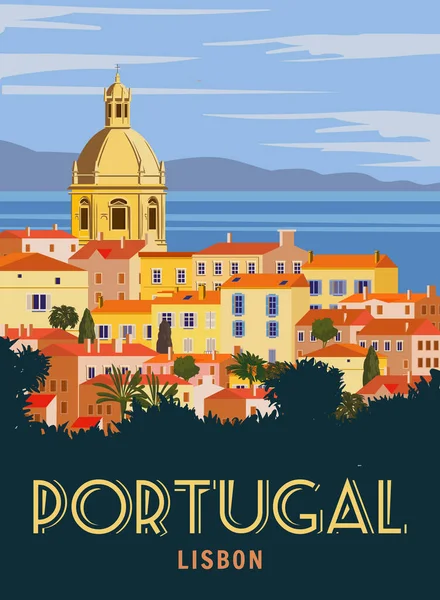 旅行海报里斯本 葡萄牙城市景观地标 日落的天空 矢量插画复古风格 — 图库矢量图片