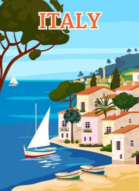 İtalya Seyahat Posteri, Akdeniz romantik manzarası, dağlar, sahil kenti, yelkenli, deniz. Retro poster, kartpostal vektör çizimi izole edildi