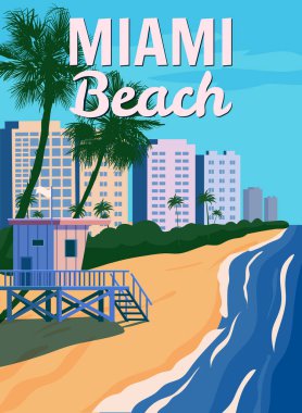 Miami Plajı, City Skyline, Retro Poster. Cankurtaran evi, sahil, sörf, okyanus. Vektör illüstrasyon klasik biçimi izole edildi