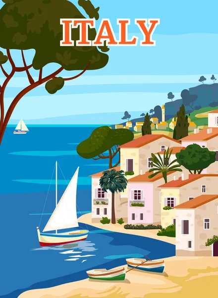 Włochy Plakat Turystyczny Śródziemnomorski Romantyczny Krajobraz Góry Nadmorskie Miasto Żaglówka — Wektor stockowy