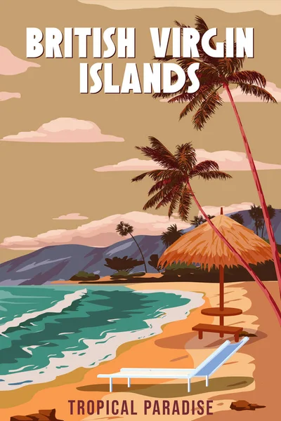 Reseaffisch Brittiska Jungfruöarna Tropisk Resort Vintage Strandkust Palmer Hav Kust — Stock vektor