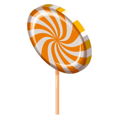 Lolipop Girdabı Şeker Sarmalı Isometric. Tatlı spiral çizgili karamel, çubuk üzerinde, vektör karikatür tarzı çizim izole edilmiş.