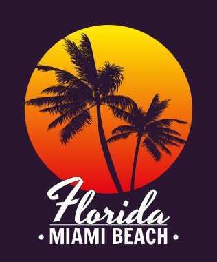 Florida Miami Beach Günbatımı tişört tasarımı. Poster palmiye ağacı siluetleri, gradyan, tipografi. Vektör illüstrasyonu