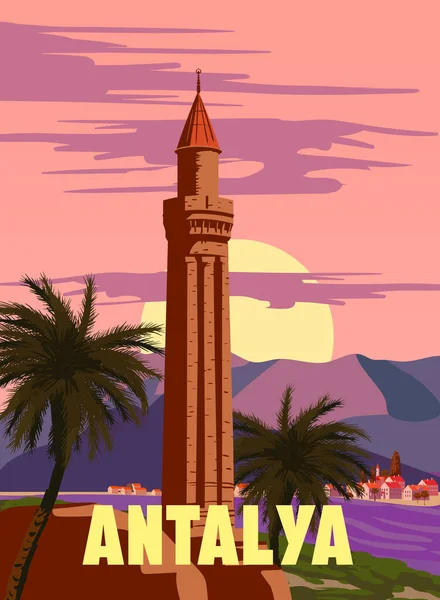 Antalya Retro Landmark Poster Turkey Resort Vintage Touristic Travel Postcard — Stockvector