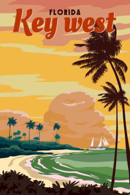 Retro Poster Key Batı Florida Plajı. Sahilde palmiye, yelkenli, sahil, sörf, okyanus. Vektör illüstrasyon klasik biçimi izole edildi