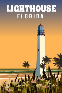 Retro Poster Key Batı Feneri Florida. Palm, fener kulesi, gün batımı, okyanus. Vektör illüstrasyon klasik biçimi izole edildi