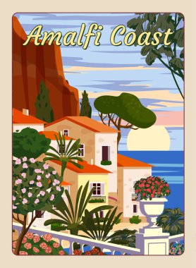 Amalfi Sahili İtalya, Akdeniz romantik manzarası, dağlar, sahil kasabası, deniz. Retro poster yolculuğu, kartpostal vektör çizimi izole edildi