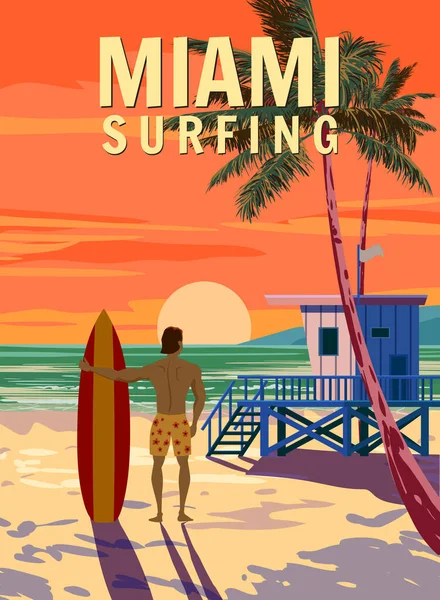 Miami Beach Retro Poster Surfista Com Prancha Surf Casa Guarda — Vetor de Stock