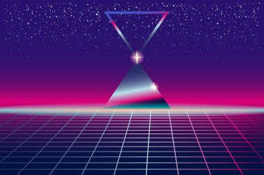 Sentetik retro pankart buhar dalgası estetik arka planı. Piramitler ızgarası 3d, günbatımı 80 s retrowave