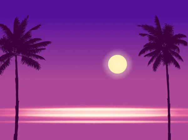 Tropical Seashore Night Landscape Coast Palms Moonlight Ocean Summer Exotic — Stok Vektör